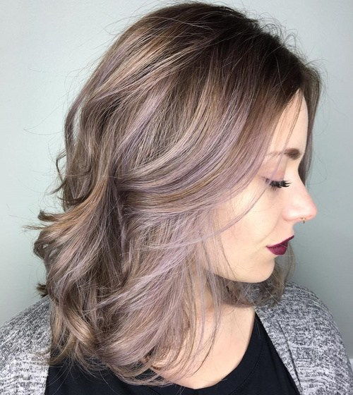 brun hair with ash blonde and pastel purple balayage